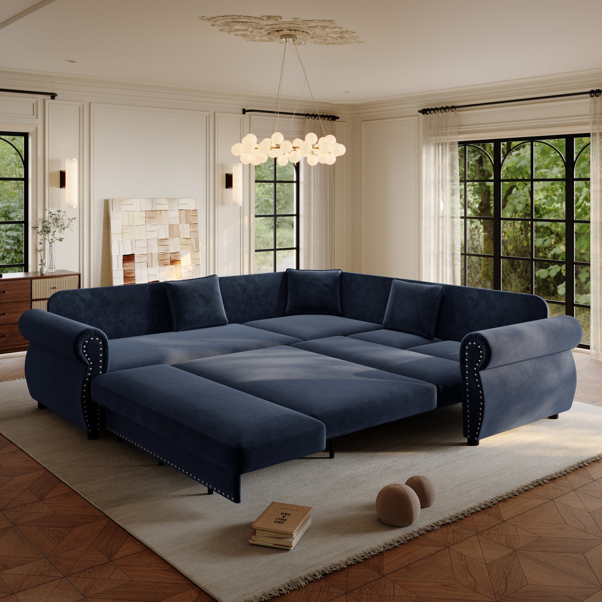 Construction and detail view of Sofa Bed Pull-Out Sleeper Blue Chenille