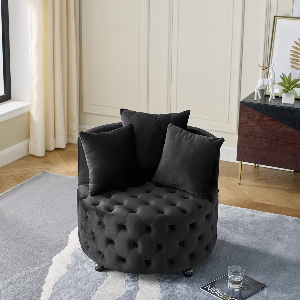 Construction and detail view of Accent Chair Modern Glam Tufted Swivel & Wheels Black Velvet