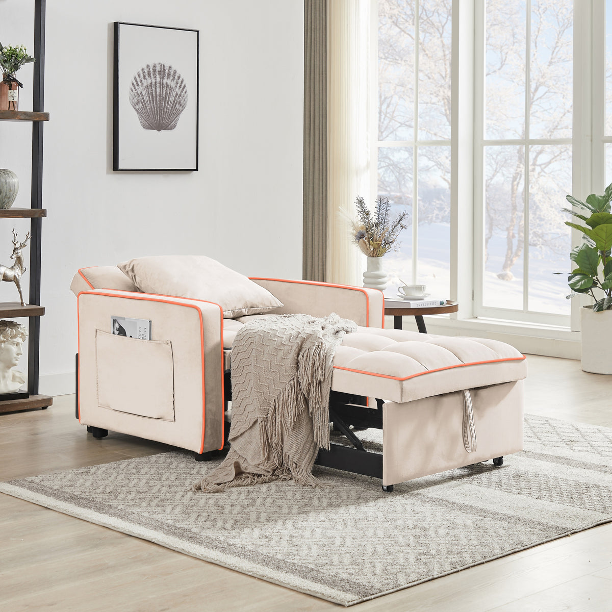 Design feature view of Sofa Bed 3-in-1 Folding Sleeper Creamy White Velvet