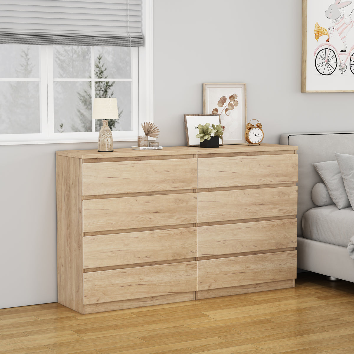 Construction and detail view of Dresser 4-Drawer Storage Natural Particle Board