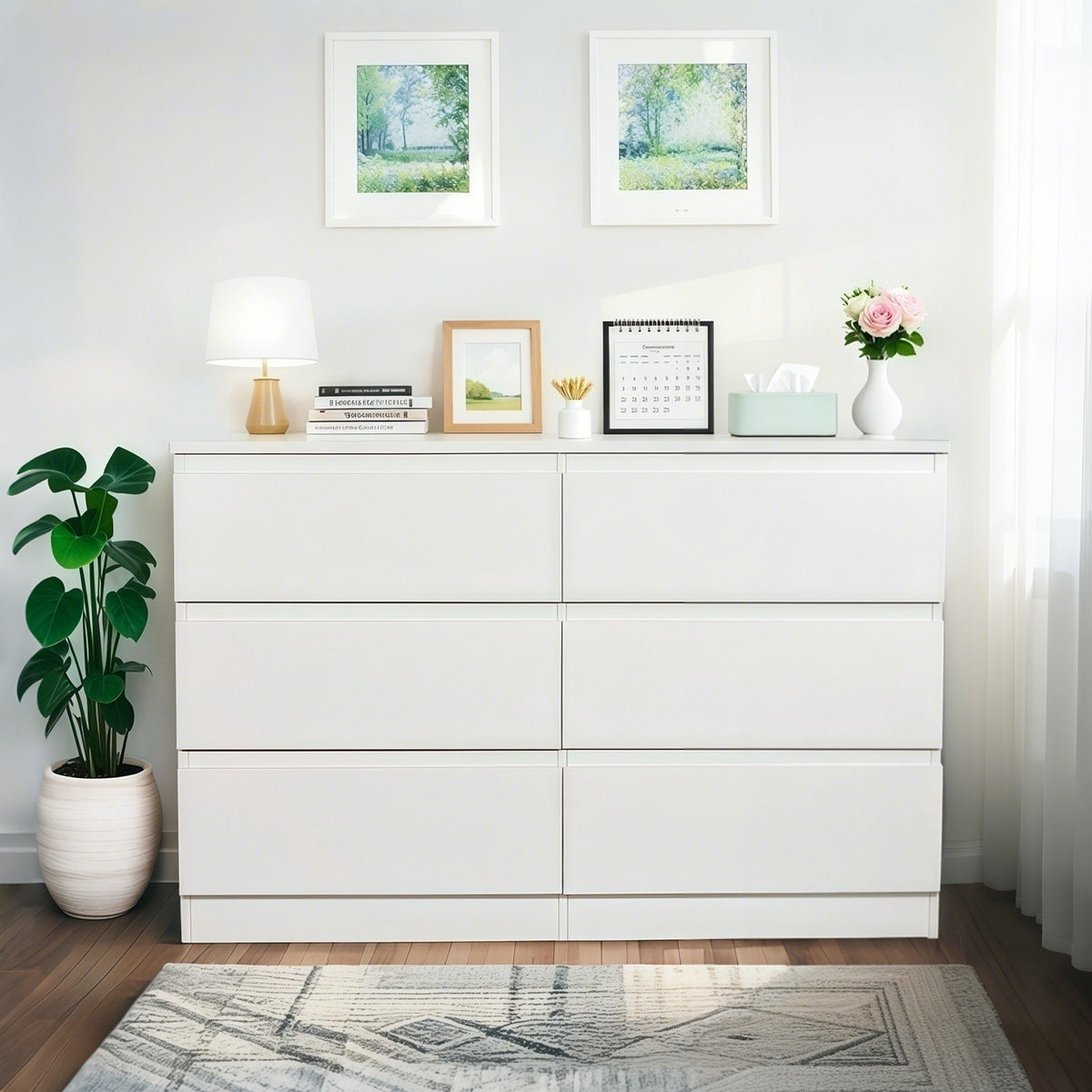 Dresser 6-Drawer Storage White MDF in a modern home interior