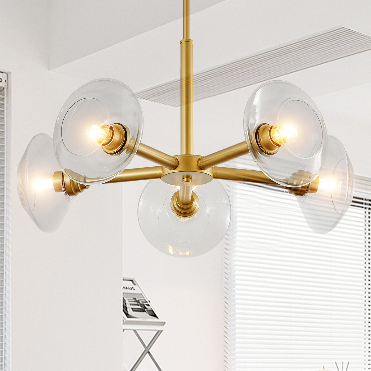 Construction and detail view of Chandelier Modern 5-Light Sputnik Gold Glass