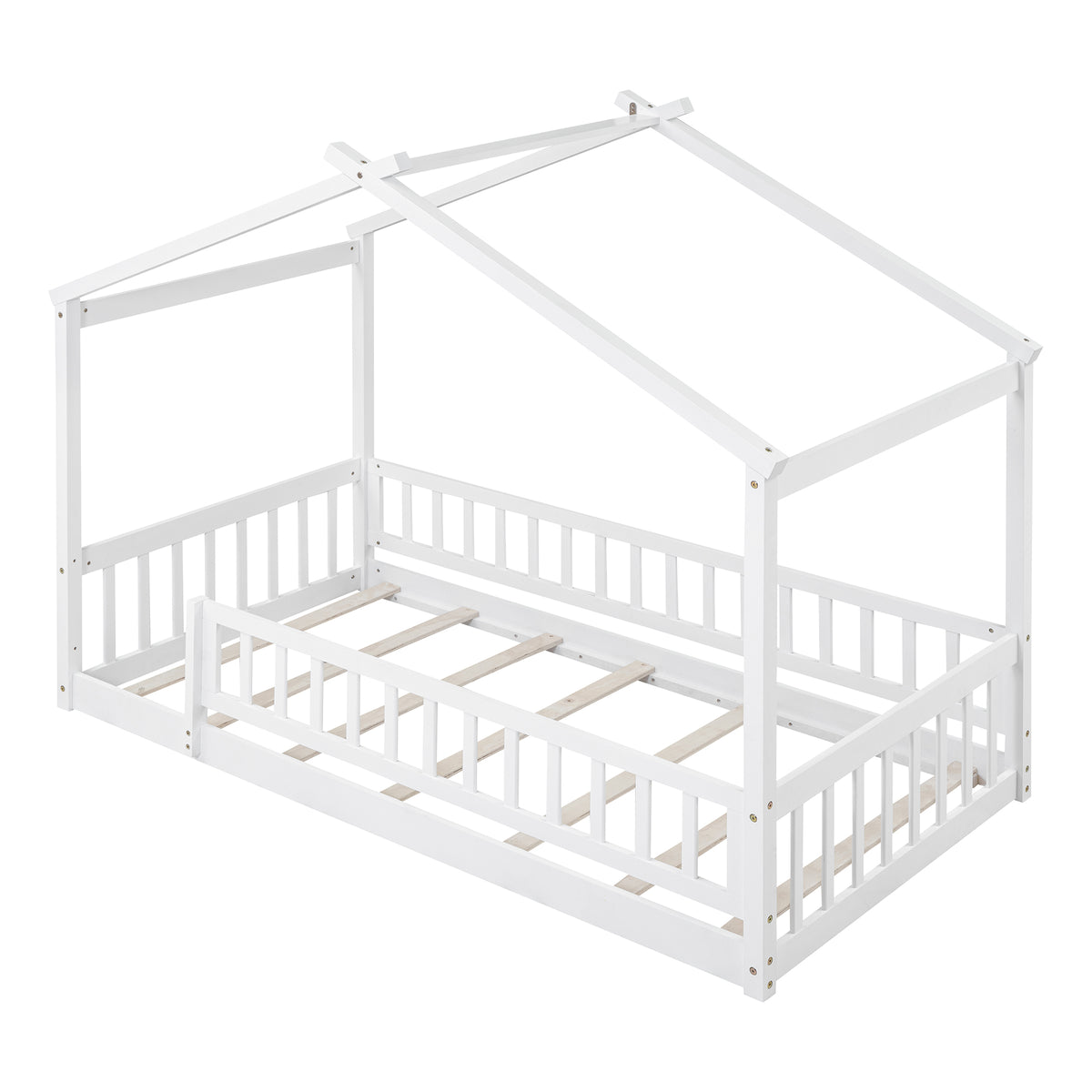 Additional view of Kids Bed Frame House Frame & Fence White Pine Wood Twin Size
