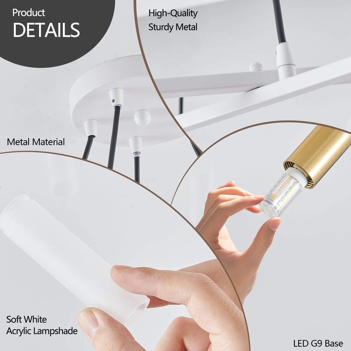 Construction and detail view of Chandelier Branch Frosted-Tube Design White & Gold Iron