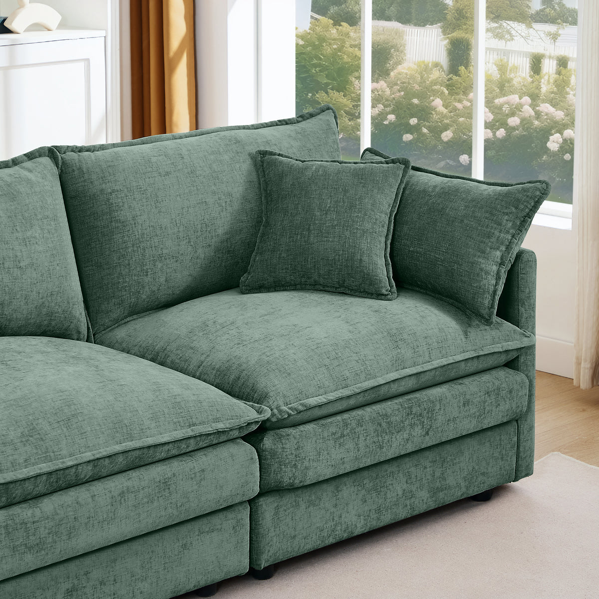 Construction and detail view of Sectional Sofa Modular with Ottoman Green Chenille