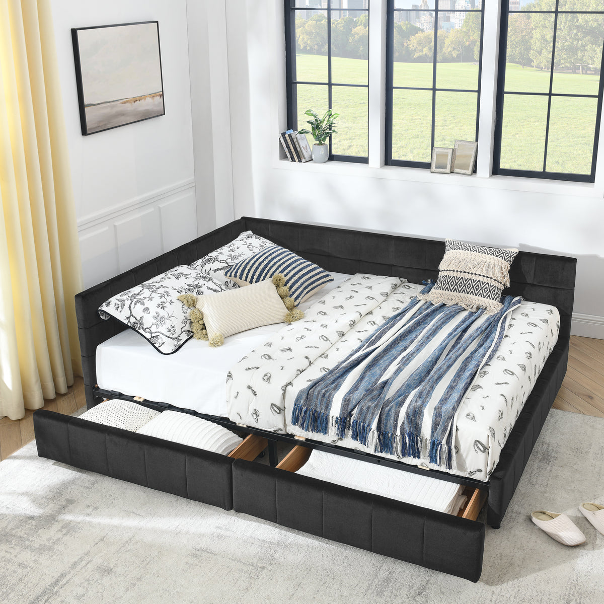 Bed Frame Modern Storage Bed Black Velvet Queen Size Bedroom in a modern bedroom