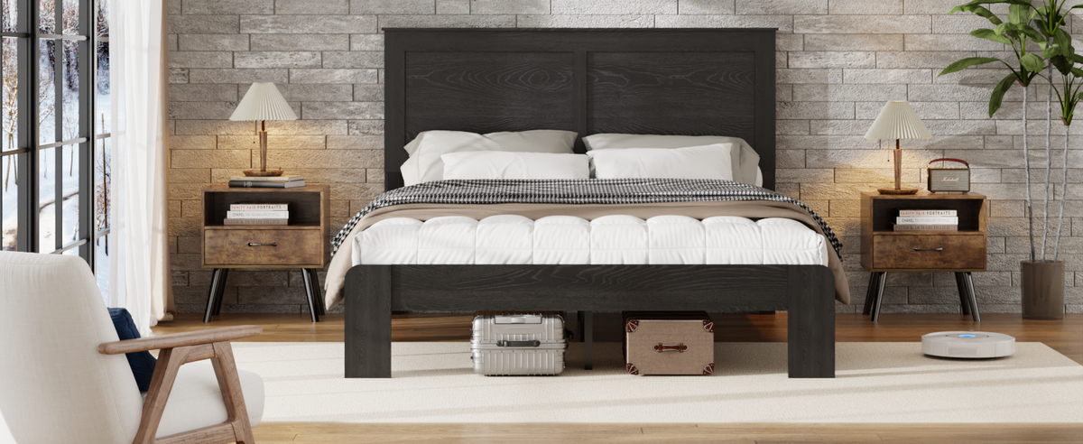 Construction and detail view of Platform Bed Frame No Box Spring Antique Black Wood Full Size