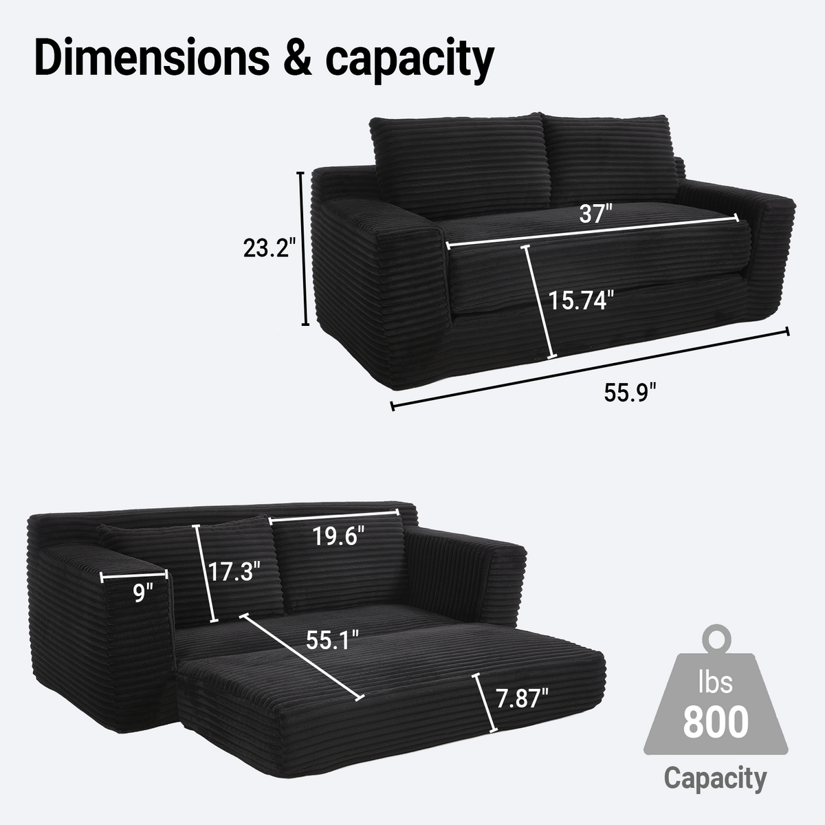 Full product view of Loveseat Sofa Convertible Sleeper Black Fabric 2-Seater