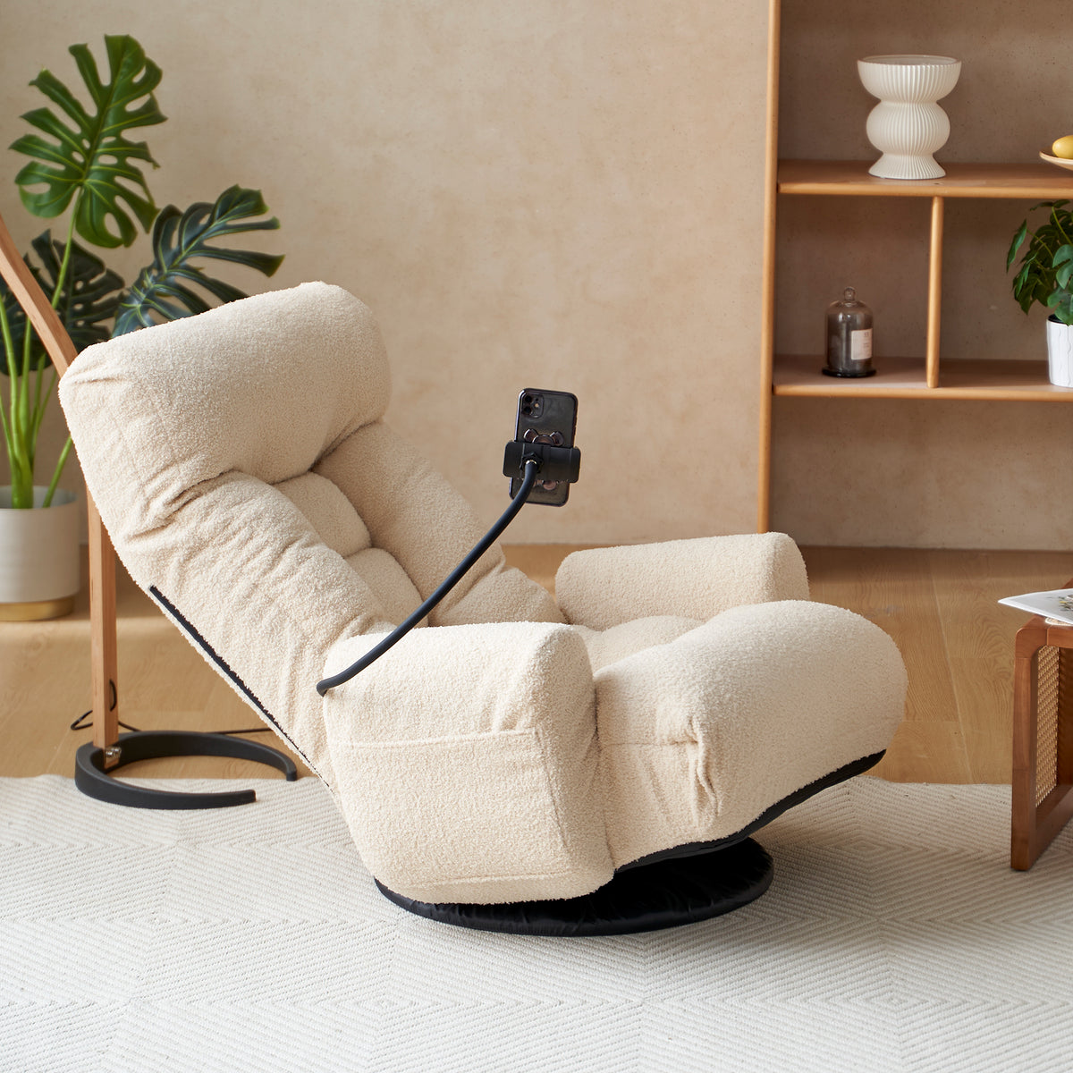 Construction and detail view of Swivel Lounge Chair 360° Swivel & Headrest Beige Metal