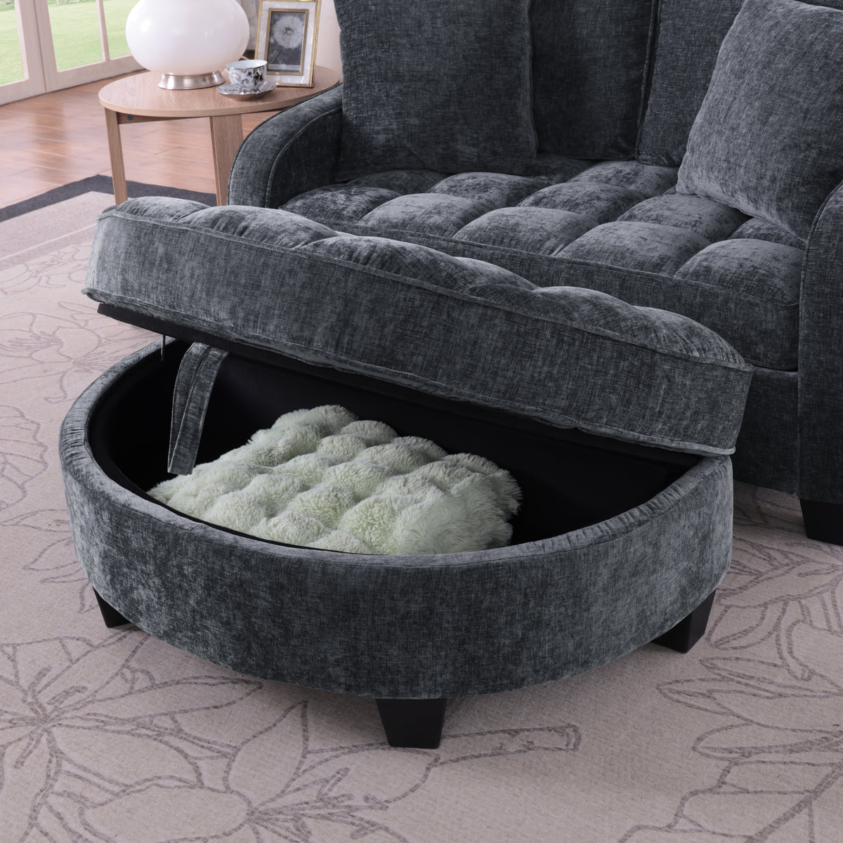 Design feature view of Loveseat Sofa Cushioned Seating Black Corduroy 2-Seater