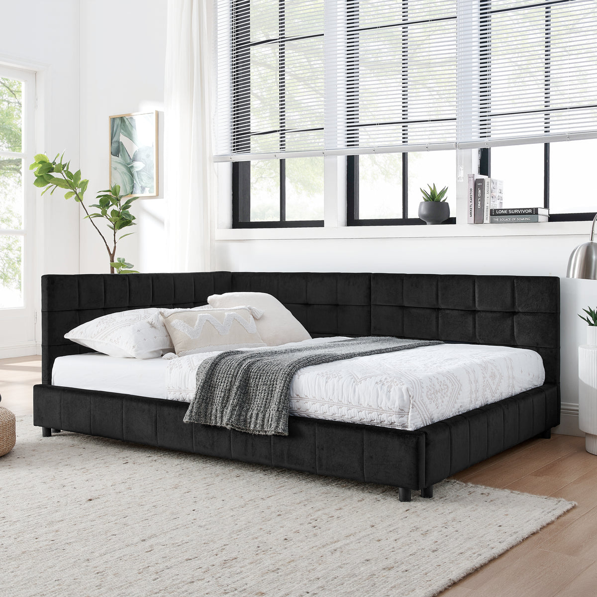 Design feature view of Bed Frame Modern Supportive Frame Black Velvet Full Size