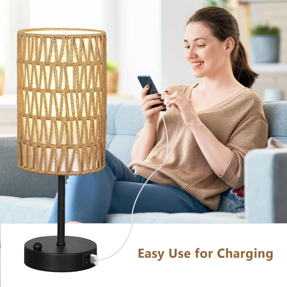Design feature view of Table Lamp Boho Touch Control Brown Rattan & Linen