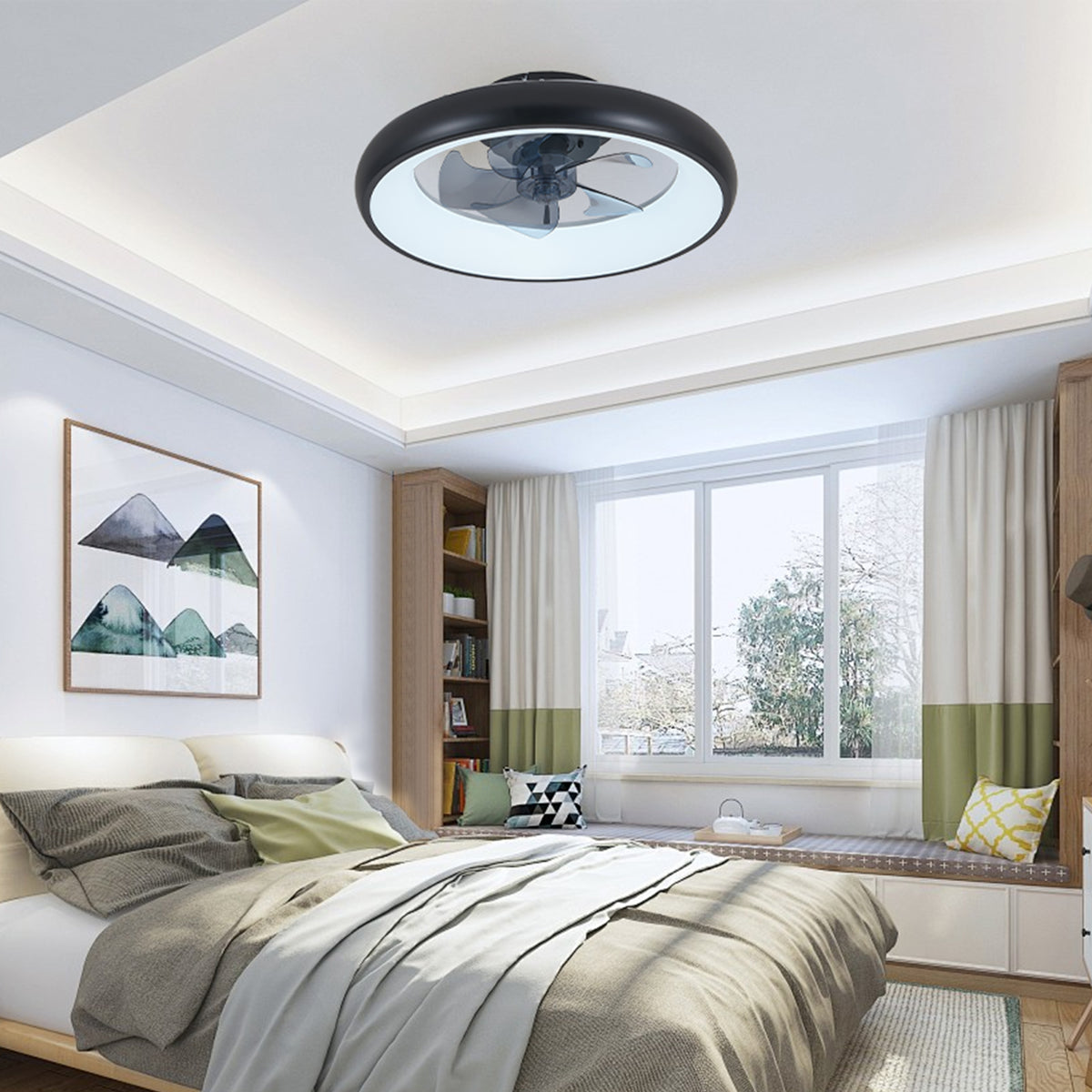 Ceiling Fan Light Modern Remote Control Black Iron in a modern home interior
