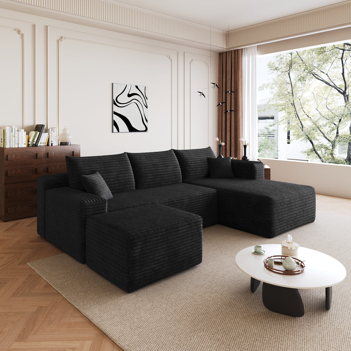 Additional product detail of Sectional Sofa Modular with Ottoman Black Corduroy