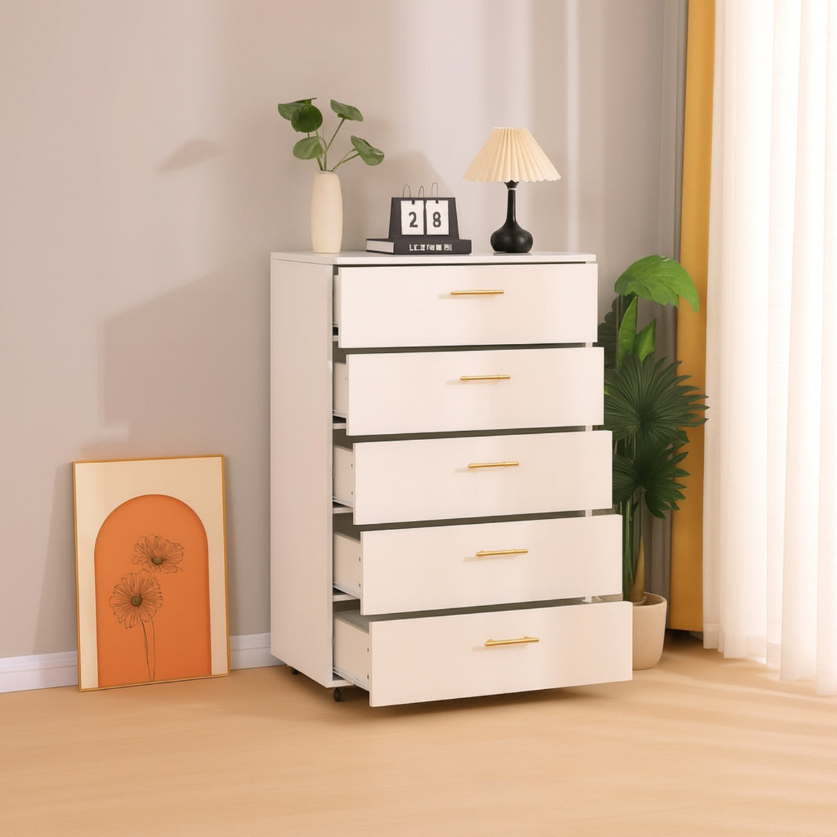 Close-up detail of Dresser 5-Drawer Storage White Wood