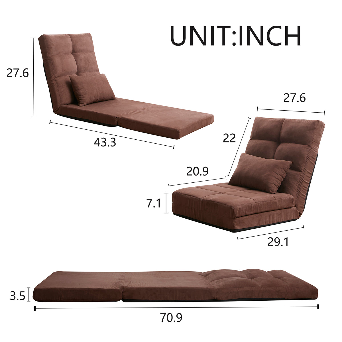 Alternate angle of Sofa Bed Multi-Position Reclining Brown Metal