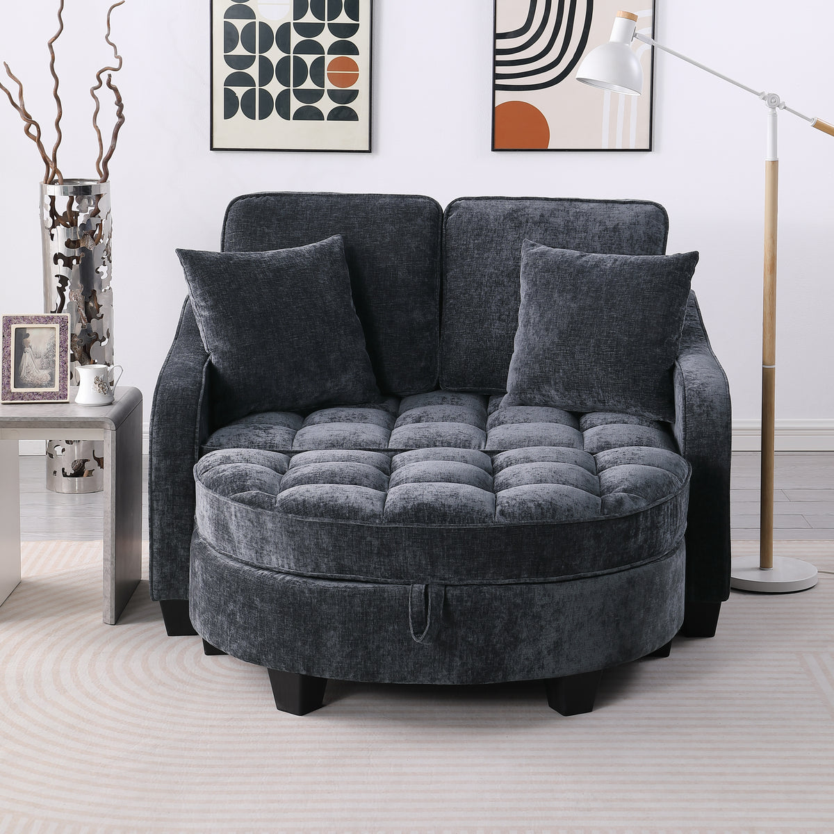 Close-up detail of Loveseat Sofa Cushioned Seating Black Corduroy 2-Seater