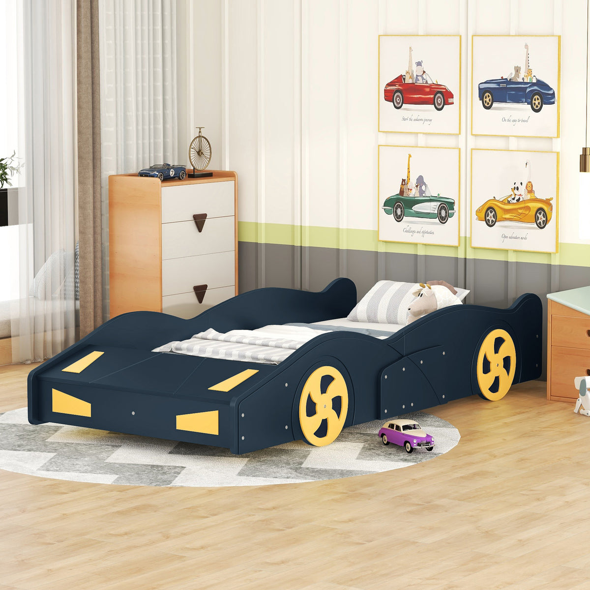 Design feature view of Platform Bed Frame Race Car Storage Dark Blue Solid Wood & MDF Twin Size