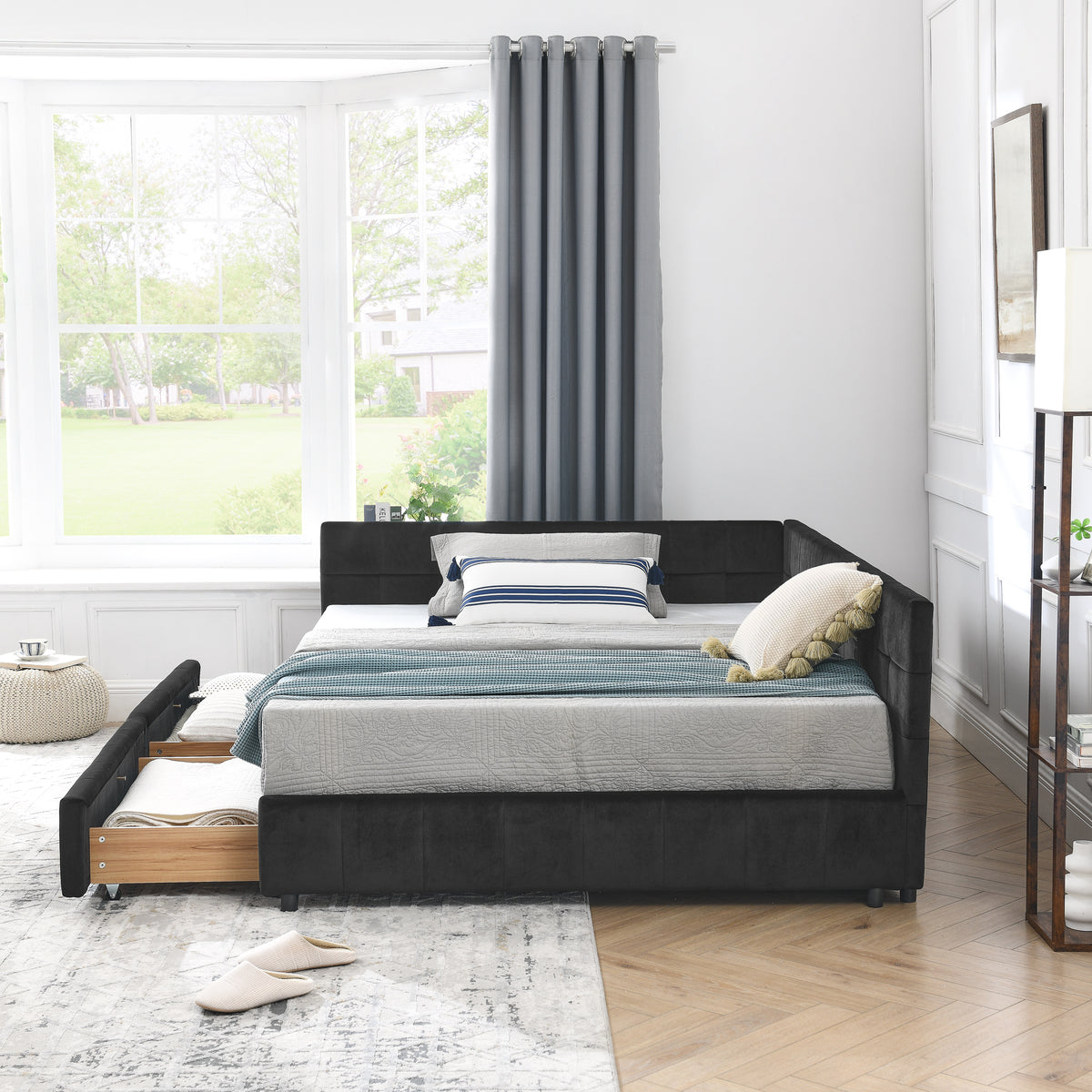 Design feature view of Bed Frame Mid-Century Tufted Storage Black Velvet Full Size