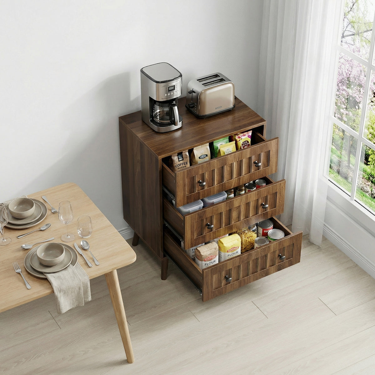 Design feature view of Dresser 3-Drawer Storage Walnut Wood