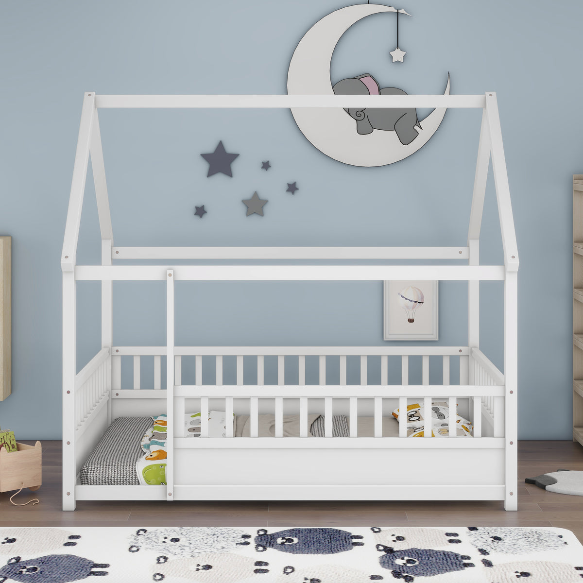Bed Frame Modern House Roof & Guardrails White Wood Full Size in a modern bedroom