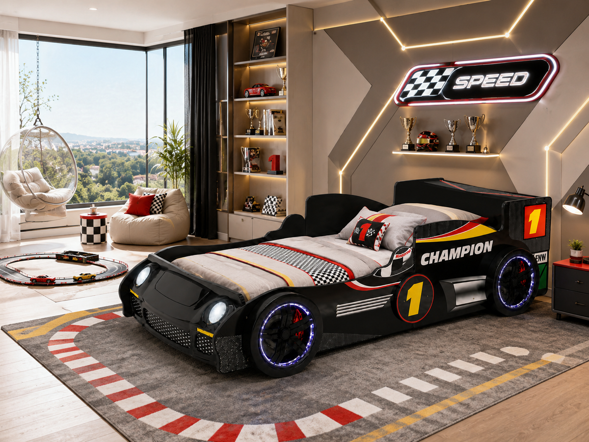 Close-up detail of Bed Frame LED Race Car Design Black Particle Board Twin Size