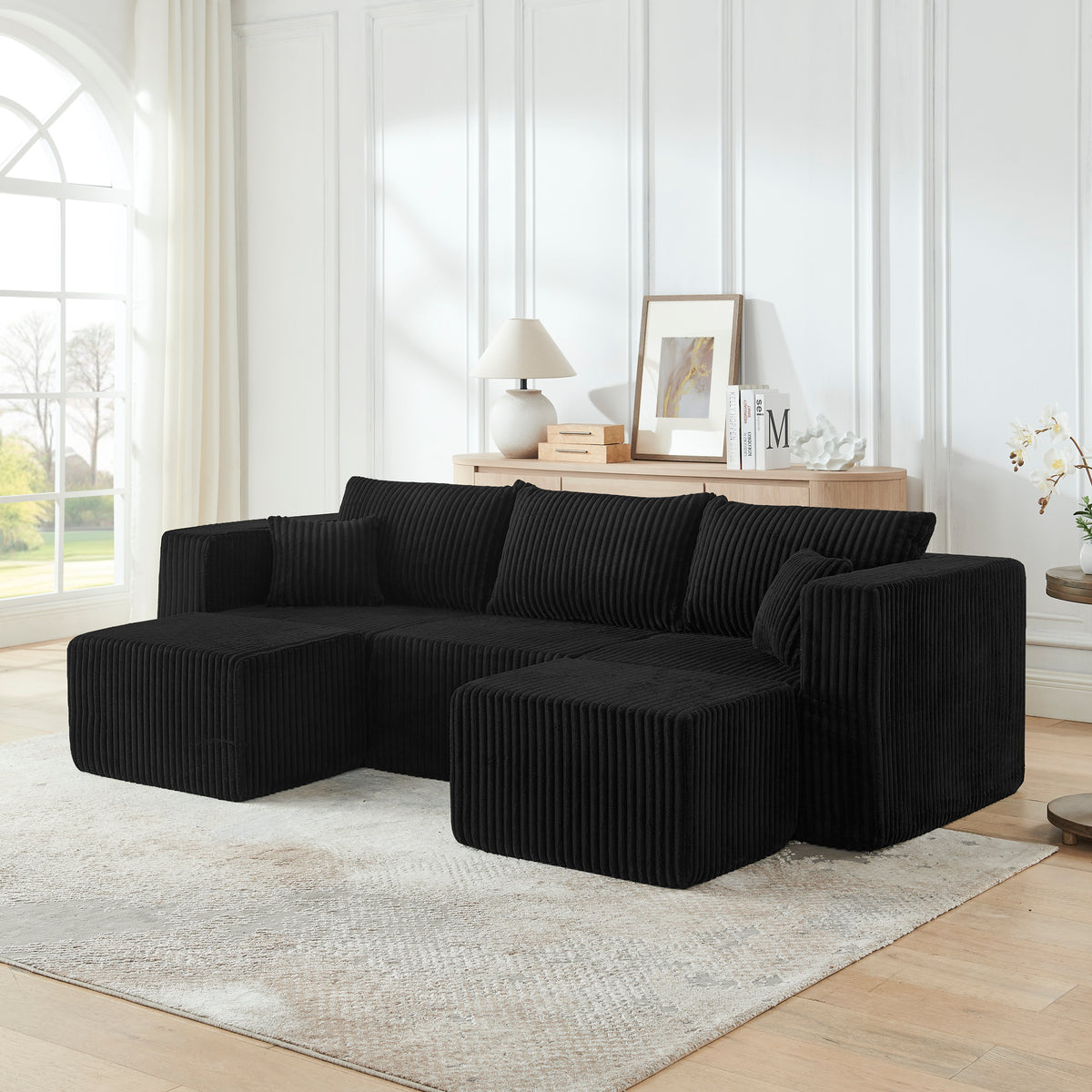 Sectional Sofa Minimalist Modular Sectional Black Corduroy 3-Seater in a modern living room