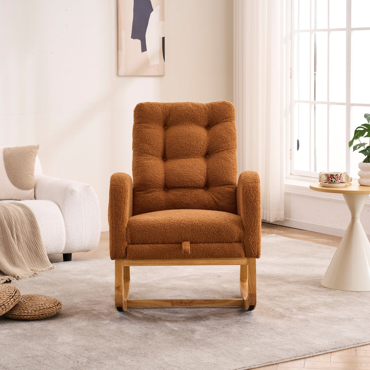 Full product view of Rocking Chair High Back & Footrest Caramel Rubber Wood