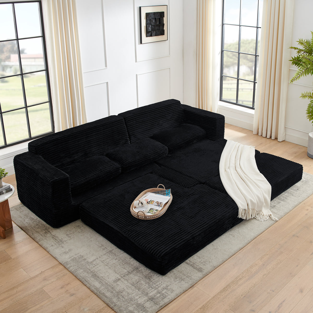 Construction and detail view of Sectional Sofa Modular Sectional Black Corduroy 5-Seater