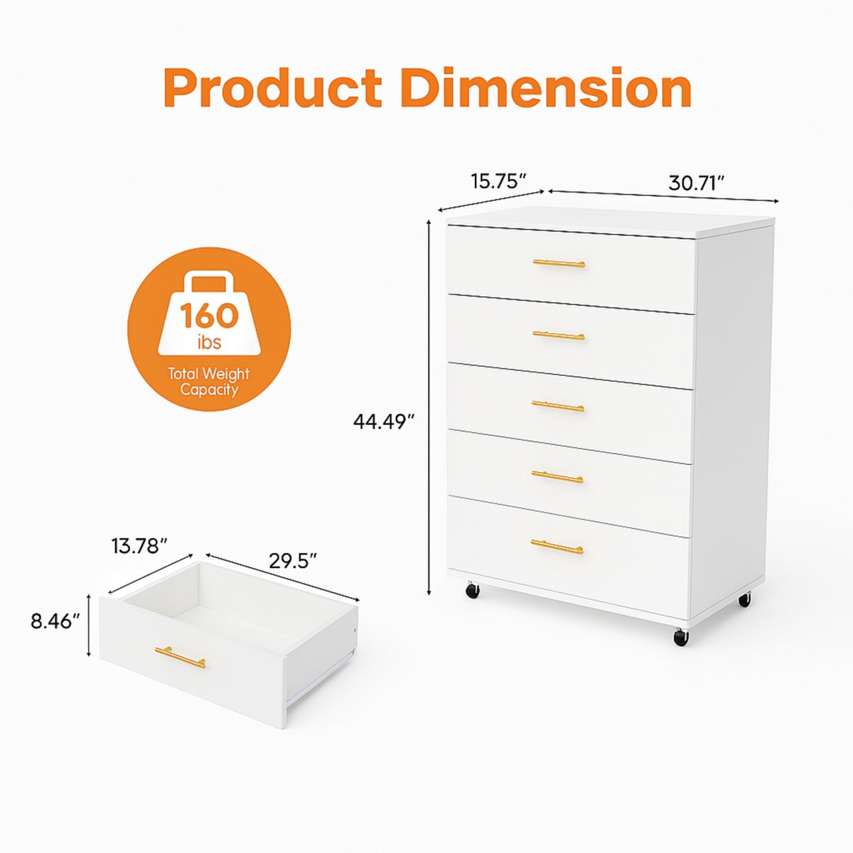Alternate angle of Dresser 5-Drawer Storage White Wood