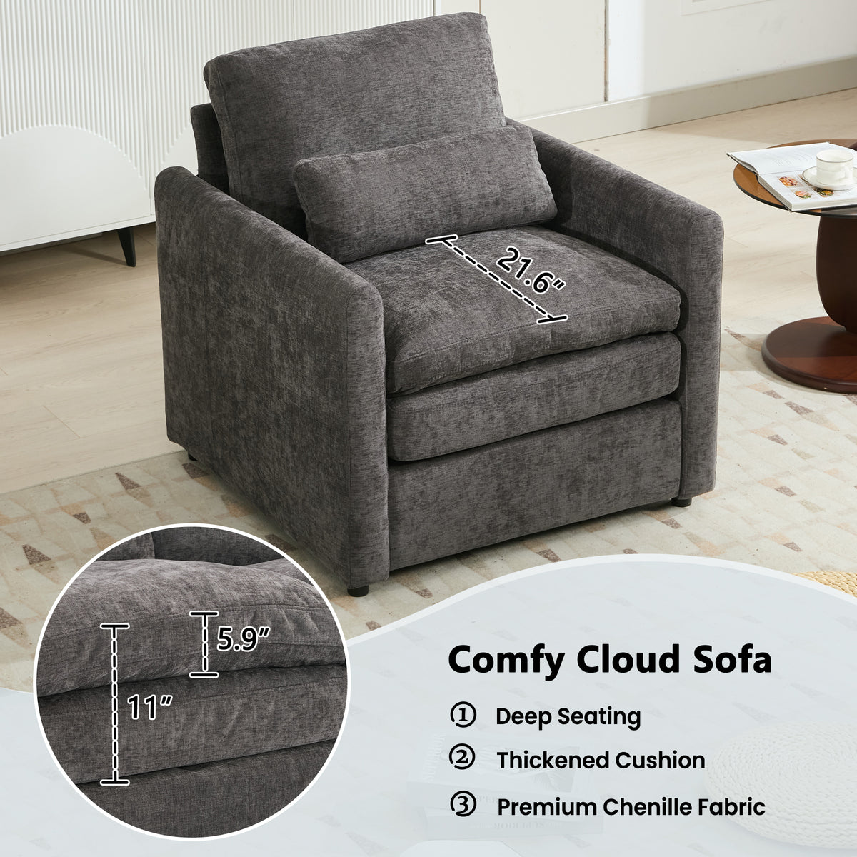 Design feature view of Sofa Set Modern Double-Cushion Seating Gray Chenille 6-Seater