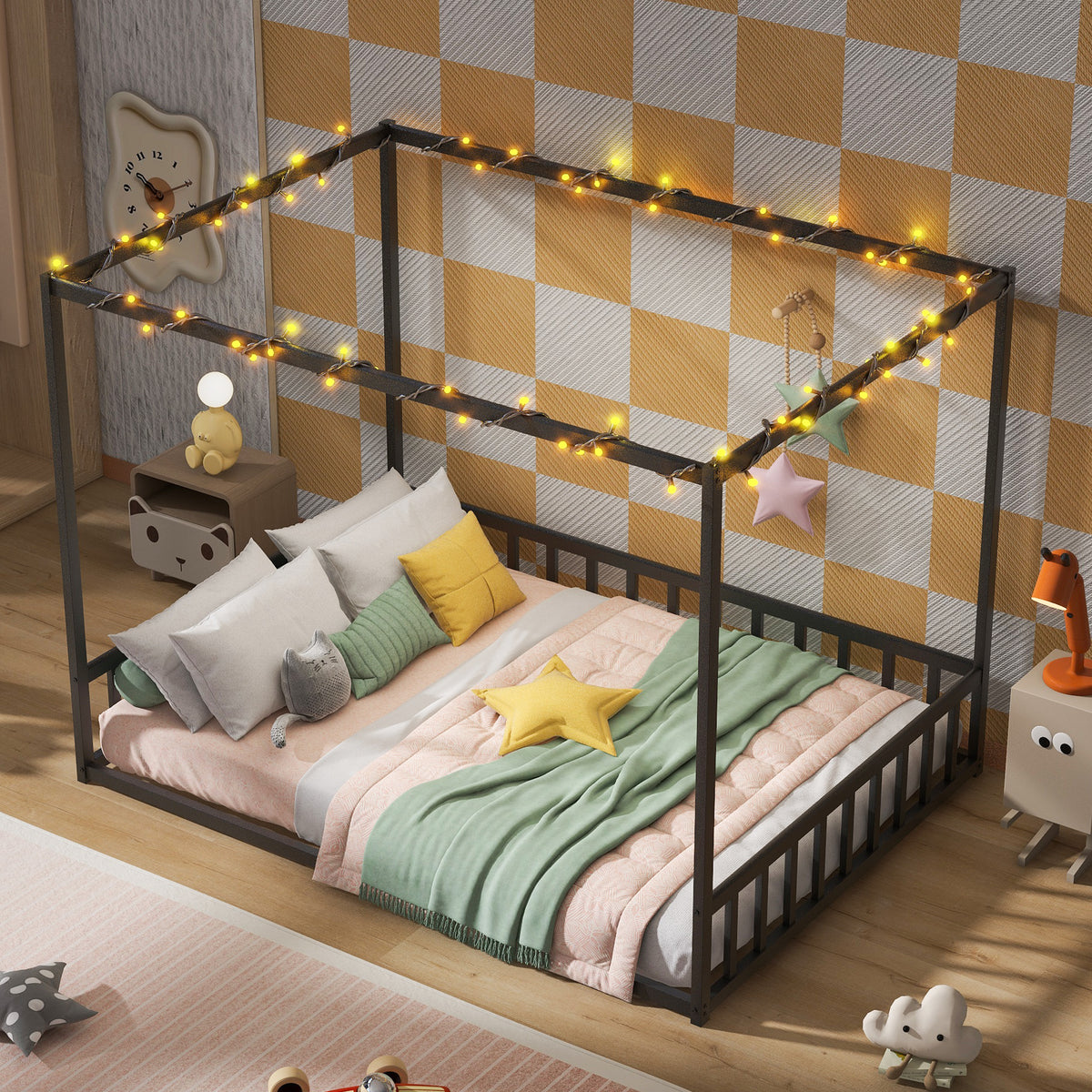 Alternate angle of Bed Frame Modern Guardrails Black Iron Full Size Bedroom