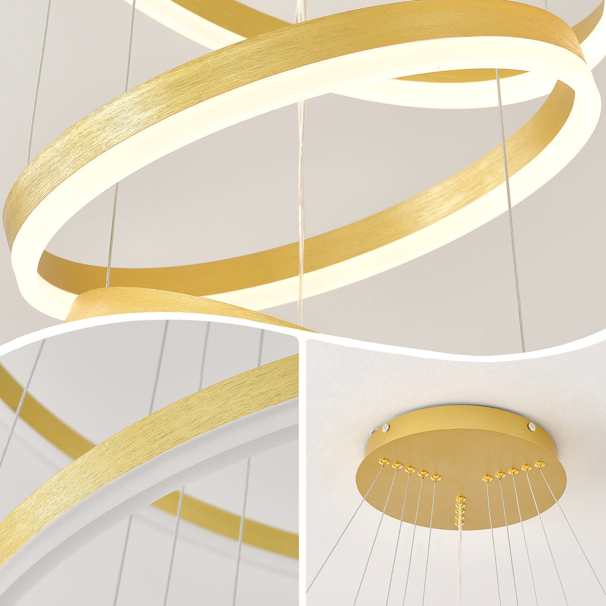 Additional view of Chandelier 3-Ring Dimmable LED Gold Acrylic & Aluminum