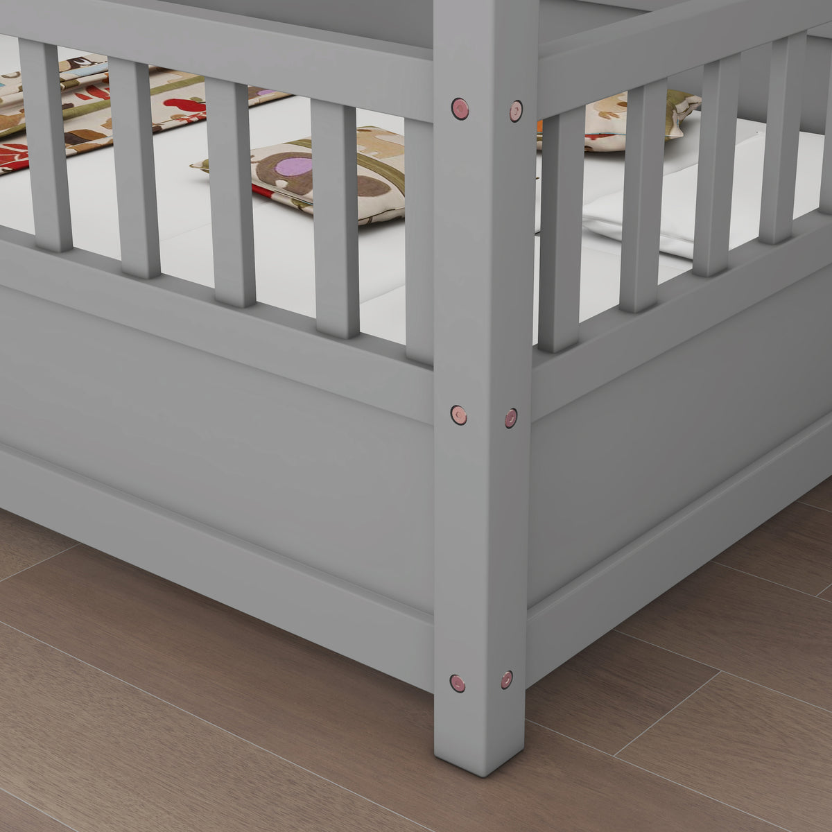 Alternate angle of Bed Frame Modern House Roof & Guardrails Gray Wood Full Size