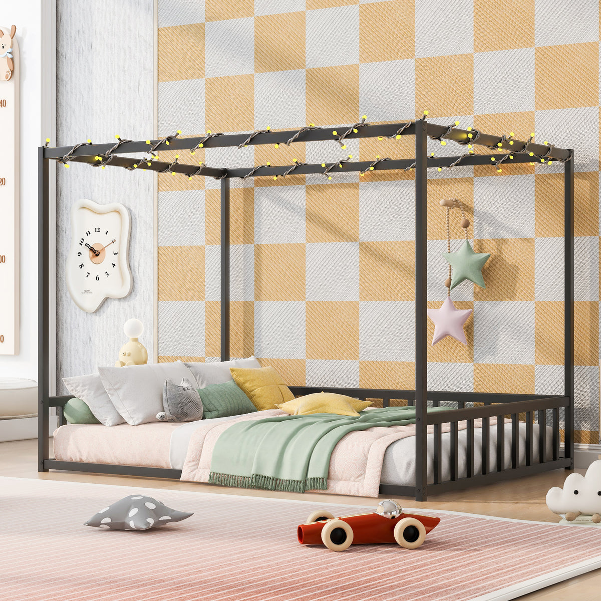 Full product view of Bed Frame Modern Guardrails Black Iron Full Size Bedroom