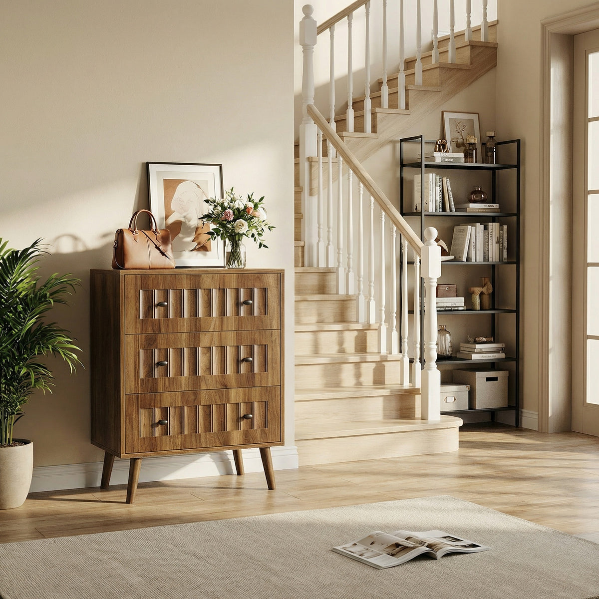 Dresser 3-Drawer Storage Walnut Wood in a modern home interior