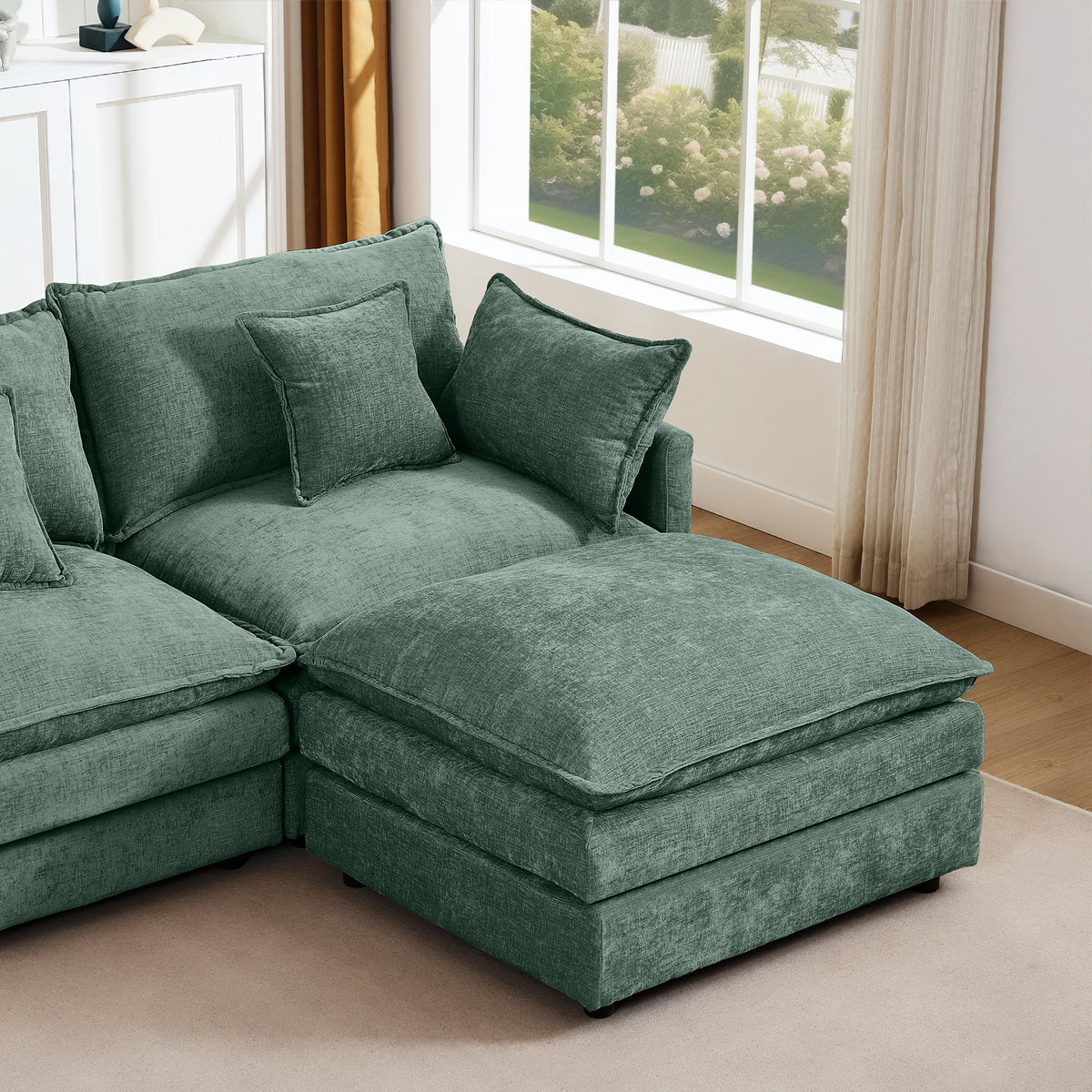 Design feature view of Sectional Sofa Modular with Ottoman Green Chenille