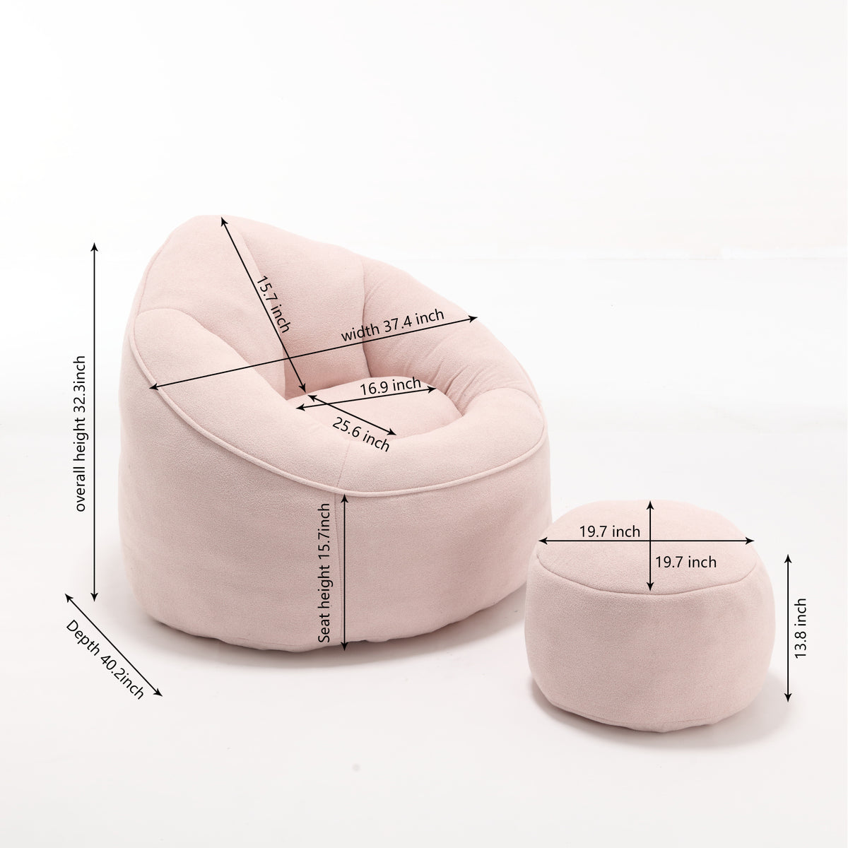 Alternate angle of Bean Bag Chair Footstool Included Pink Microfiber