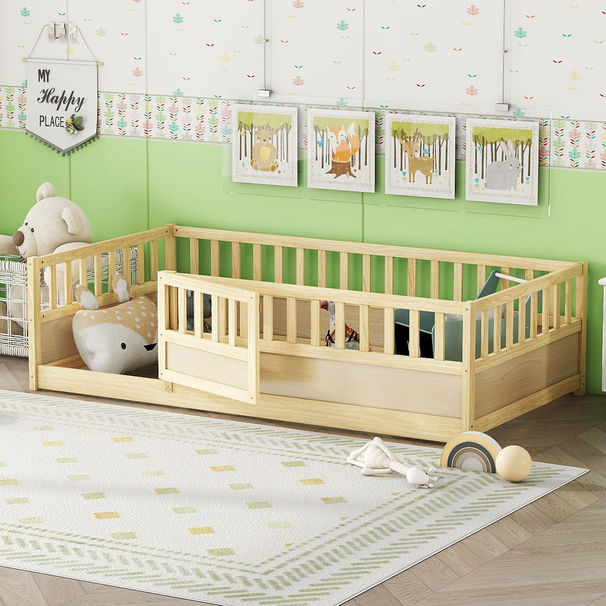 Full product view of Bed Frame High Safety Barrier & Door Natural Wood Pine Twin Size
