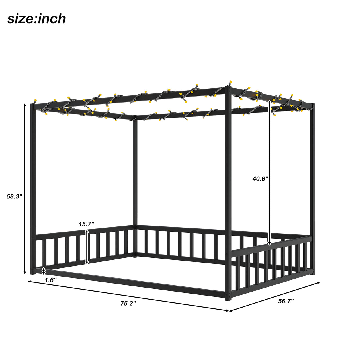 Additional view of Bed Frame Modern Guardrails Black Iron Full Size Bedroom