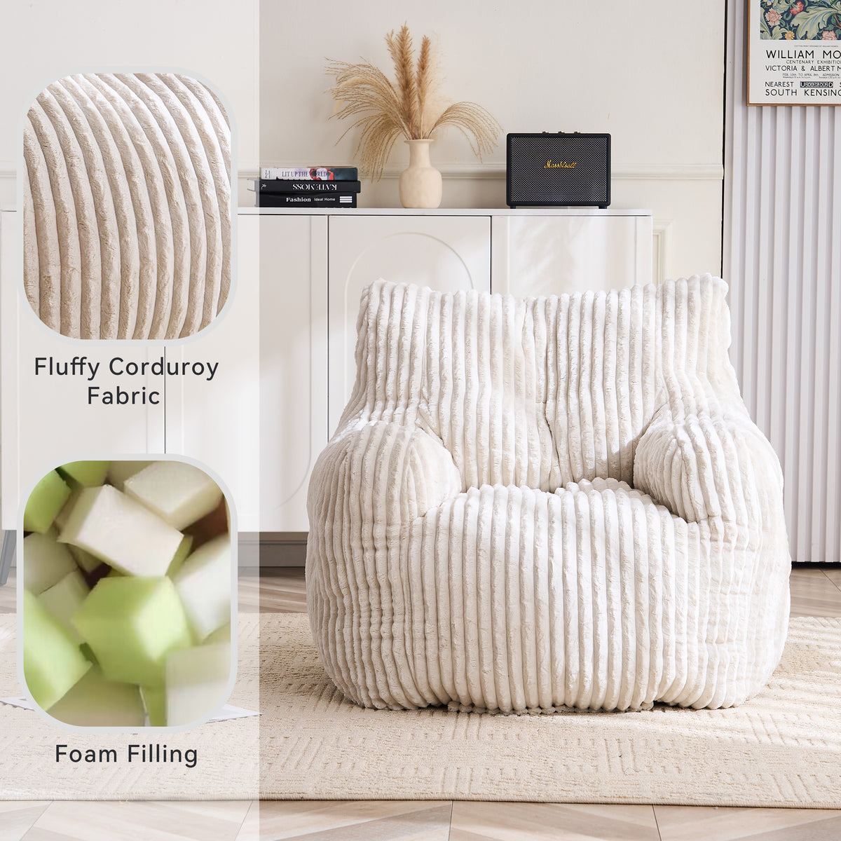 Alternate angle of Bean Bag Chair Cushioned Seating Beige Corduroy