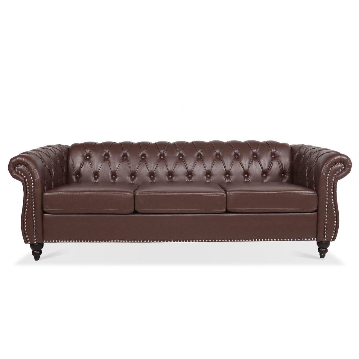 Design feature view of Sofa Chesterfield Cushioned Seating Dark Brown PU Leather 3-Seater
