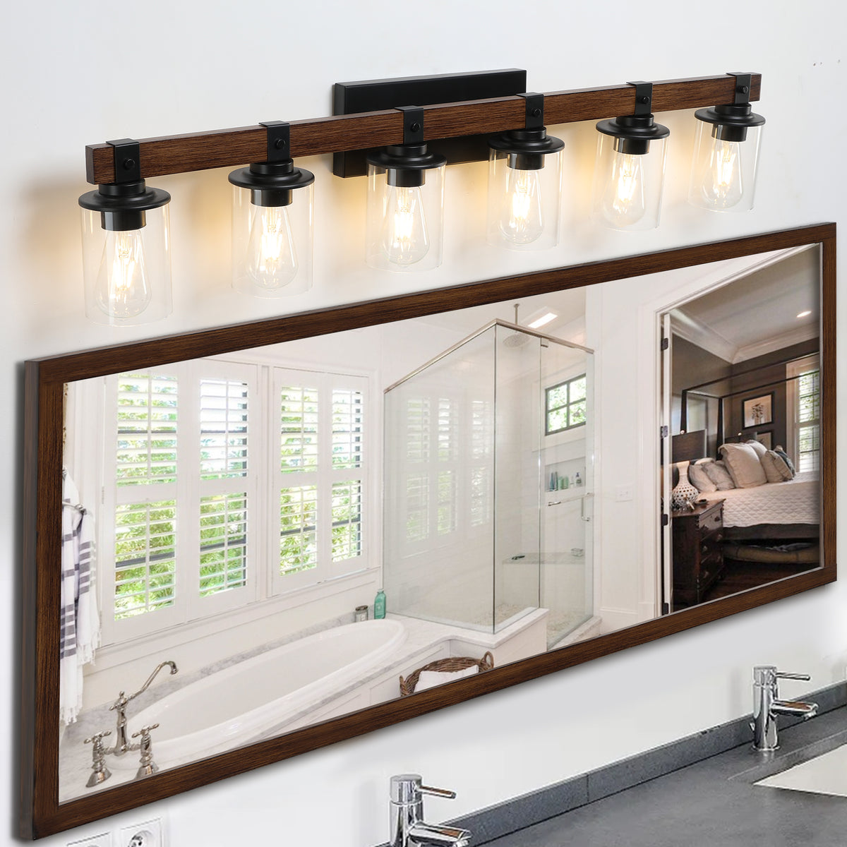 Close-up detail of Vanity Light Industrial 6-Light Glass Shades Walnut Glass