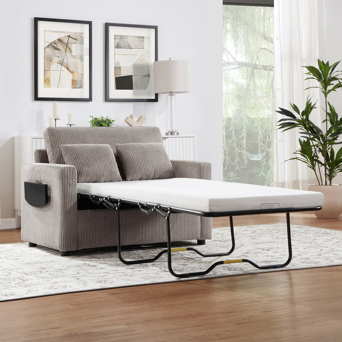 Construction and detail view of Sofa Bed Twin Sleeper with USB Ports & Side Table Gray & Brown Corduroy