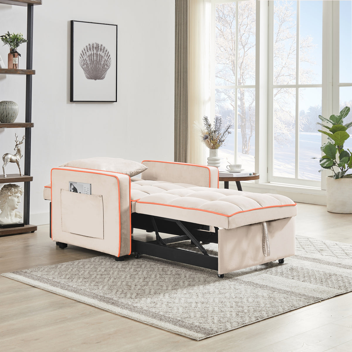 Construction and detail view of Sofa Bed 3-in-1 Folding Sleeper Creamy White Velvet