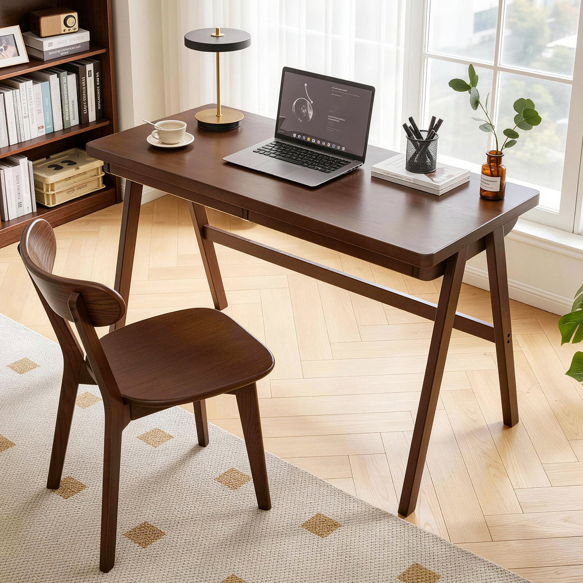 Computer Desk Storage Drawer Walnut Solid Rubber Wood in a home office