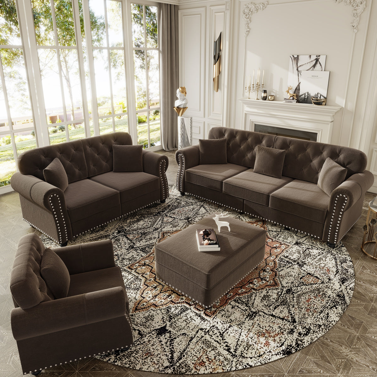 Close-up detail of Sofa Chesterfield Cushioned Seating Brown Velvet 3-Seater