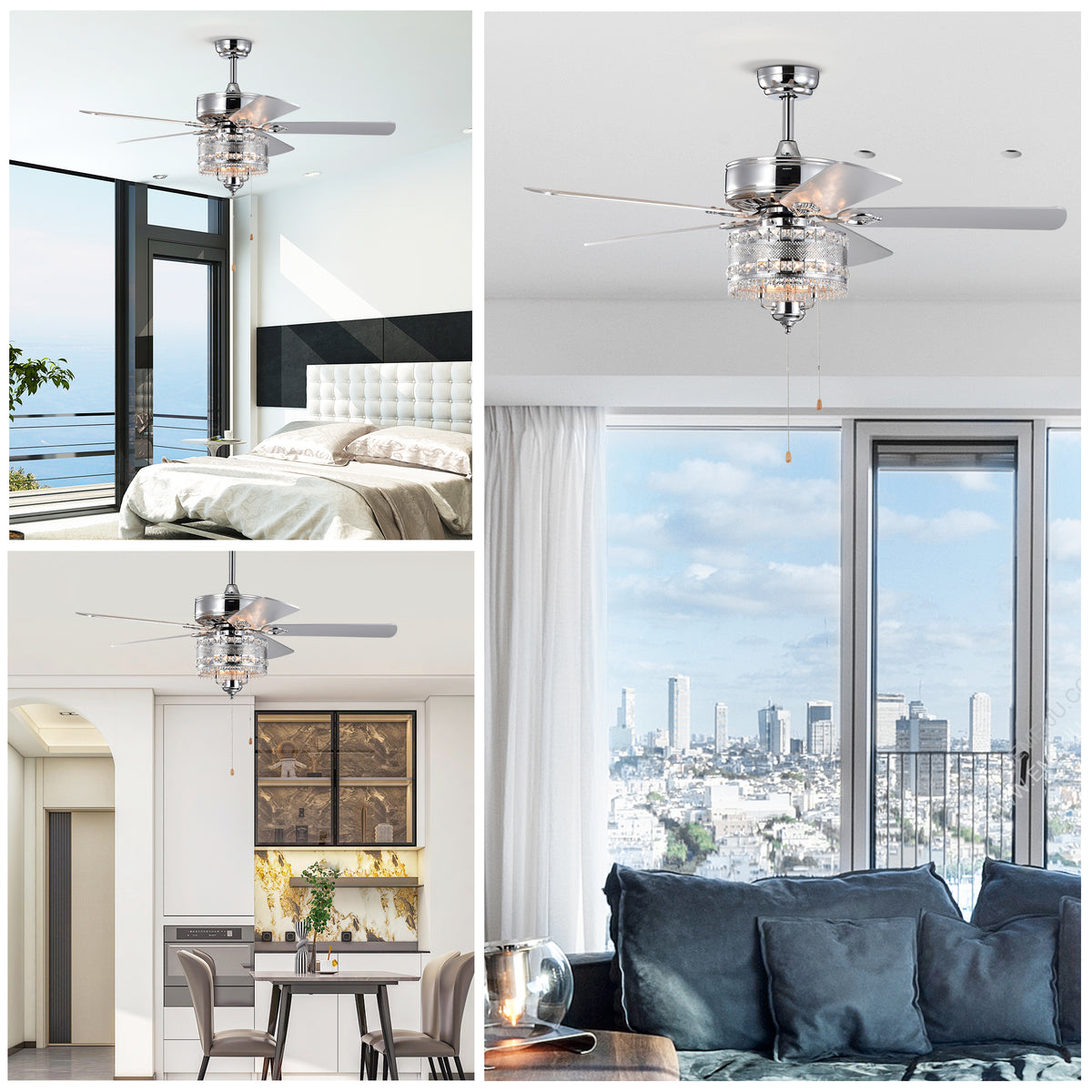 Construction and detail view of Ceiling Fan Light 2-in-1 Crystal Chandelier Chrome Metal & Crystal