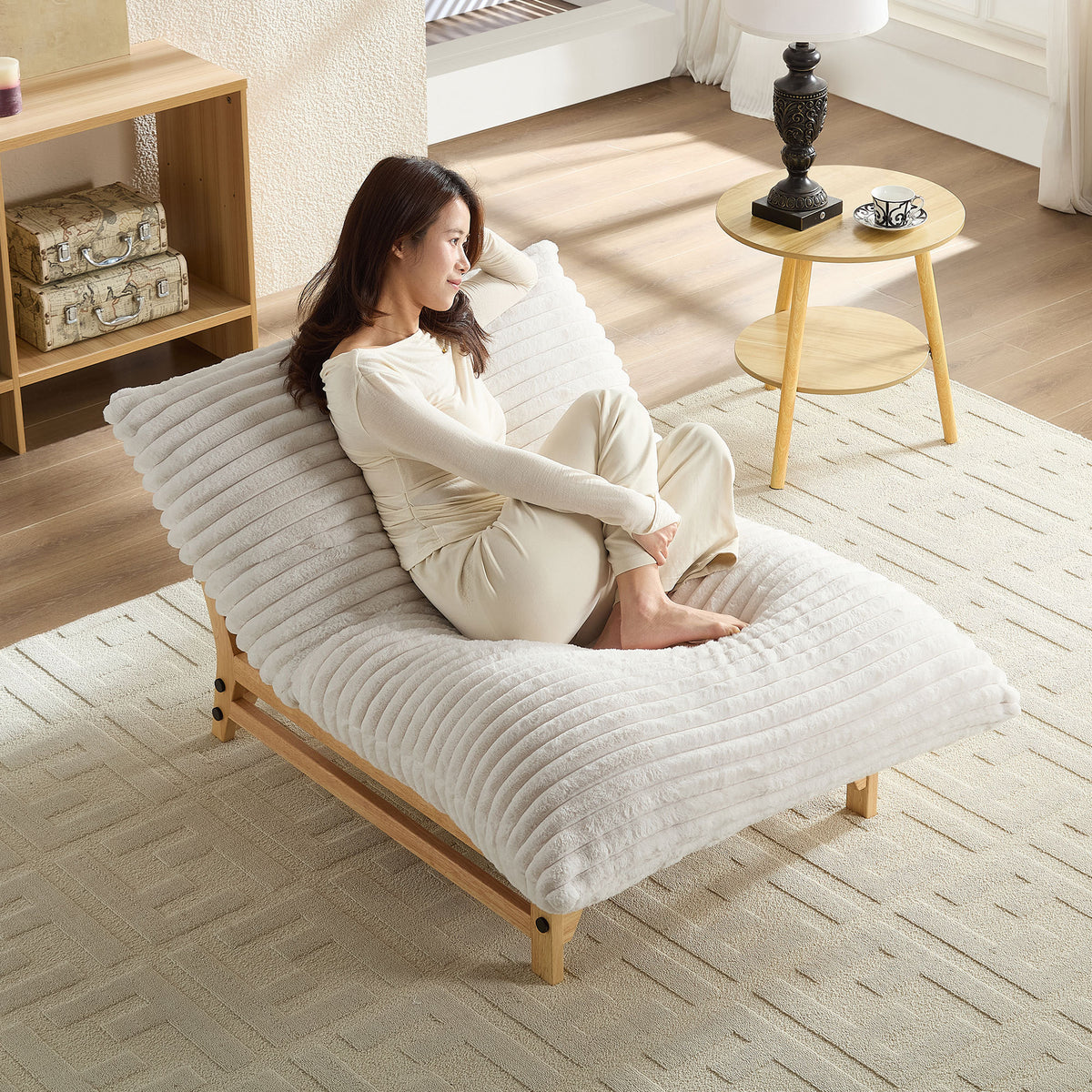 Close-up detail of Chaise Lounge Armless Lounge Off White Corduroy