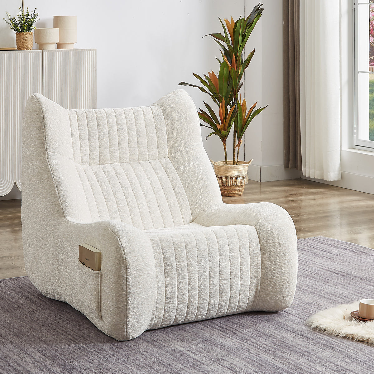 Bean Bag Chair Cushioned Seating White Chenille in a modern living room